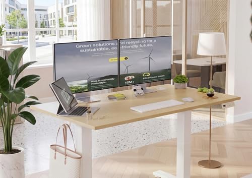 Image of YDN Electric Standing Desk Adjustable Height, 55 x 24 Inches Sit Stand up Desk with Memory Presets & Cable Management, Home Office Desk for Office & Computer Workstation, White Frame /Nature Top