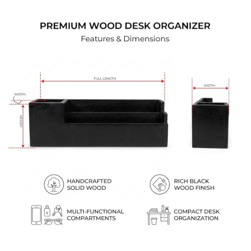 Image of Wooden Desk Organiser with Pen Holder, Mobile & Tablet Stand, Card Holder - Multi-Compartment Office Desk Organizer for Study Table, Bedside Table & Living Room |Black Finish
