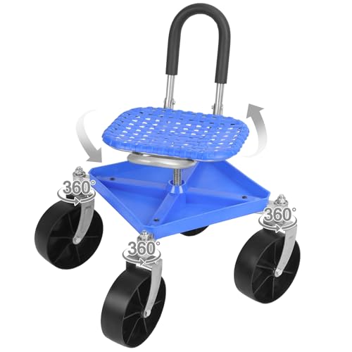360 Swivel Garden Cart Seat - Height Adjustable Rolling Stool with Tool Tray & All-Terrains Wheels 330Lbs Heavy Duty Gardening Stool for Seniors Elderly Knee Pain Relief Blue