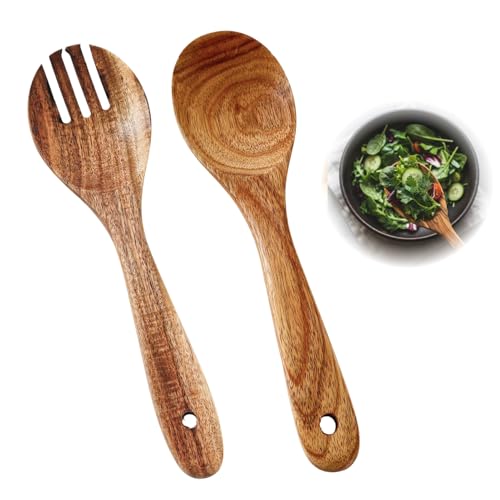 JinRuiCPeng Lot de 2 Couverts à Salade en Bois d’Olivier, Cuillère et Fourchette à Salade Artisanales, Ustensiles de Cuisine Naturels pour Service,...