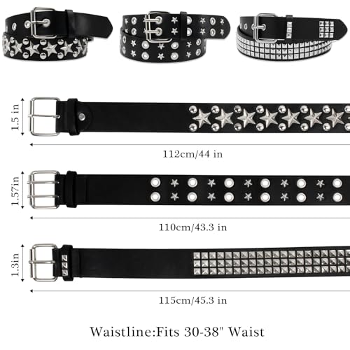 Black Studded Belt, 3 Pcs Y2K Belt Star Goth Punk Rock Double Grommet with Bright Pyramid Studded for Women Men2