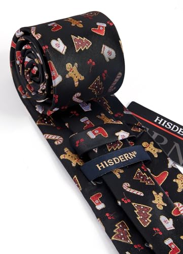Image of HISDERN Christmas Ties for Men Holiday Tie and Pocket Square Cufflinks Festival Party Xmas Funny Silk Woven Necktie