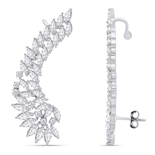 Big Angel Wing Ear Crawler Earrings Cubic Zirconia In 14K White Gold Over Sterling Silver #TOP2