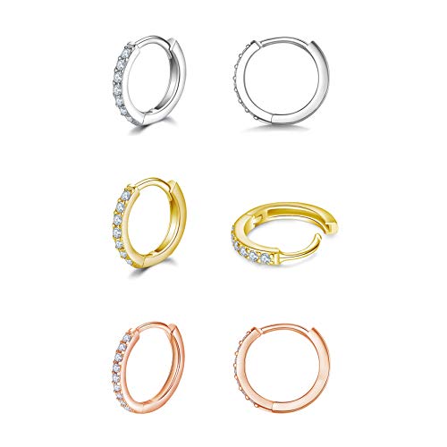 925 Sterling Silver Post Small Hoop Earrings Cubic Zirconia Silver 14K Gold Rose Gold Plated Huggie Hoop Earrings,3 Pairs Cartilage Piercing Earrings Ear Cuff Tiny Hoop Earrings for Women Men 8mm