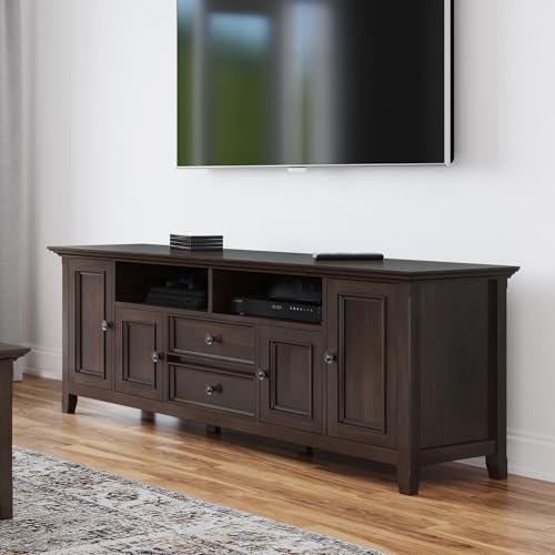 Image of SIMPLIHOME Amherst 72 inch Wide Solid Wood TV Stand in Brunette Brown