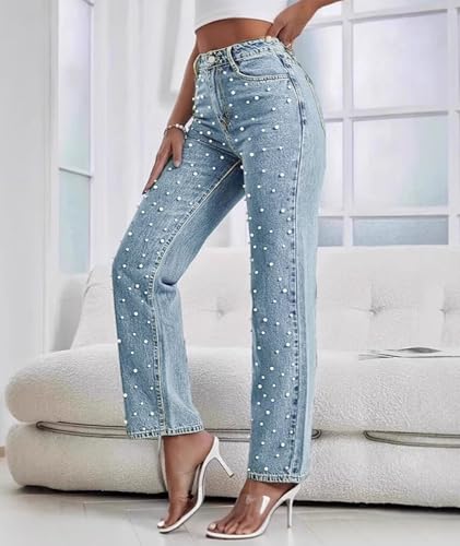 ECDAHICC Womens High Waisted Straight Leg Pearl Jeans Casual Boyfriend Bootcut Sparkly Denim Pants Trousers3