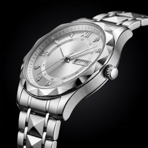 Image of GOLDENIZE FASHION Luxury Analog Roman Numeral Date Display Diamond Pattern Classics Stainless Steel Wrist Watch for Men