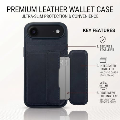 Image of amazon basics Luxury Vegan Leather Back Cover for iPhone 17 Air | Built-in Card Holder Slot | Integrated Mobile Stand | Slim Shockproof Protective Case with Stitched Finish - Blue