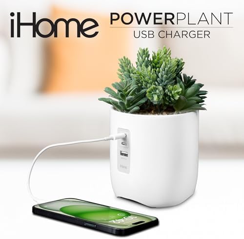 iHome PowerPlant Charging Station, Faux Succulent with USB Charging Station for iPhone, Android, and More – White (iPP45)
