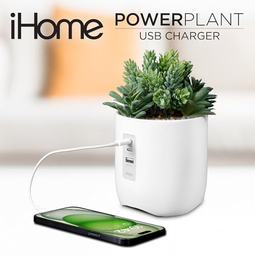 iHome PowerPlant Charging Station, Faux Succulent with USB Charging Station for iPhone, Android, and More – White (iPP45)