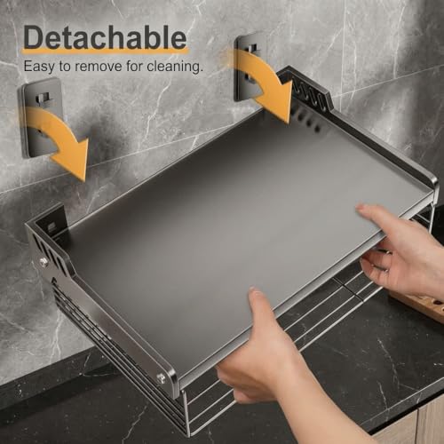 Miniatura 6 de Qwork Soporte Microondas Pared, 2 Niveles Estanteria Microondas Metal De, 55x35x11 Cm Soporte Microondas Con Cesta De Almacenamiento