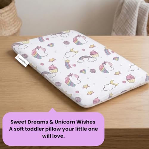 Image of Premium Memory Foam Toddler Thin Pillow with Washable Removable Cover | Head, Neck & Back Support | Ideal for Sleeping, Reading & Resting | Age 2 to 9 Year | 18.5x12.5x2.5in | Unicorn Print