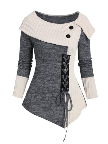 Image of ZEZCLO Women's Twisted Cable Knit Plaid Print Hooded Sweater Mock Button Ruched Shawl Neck Knit Top