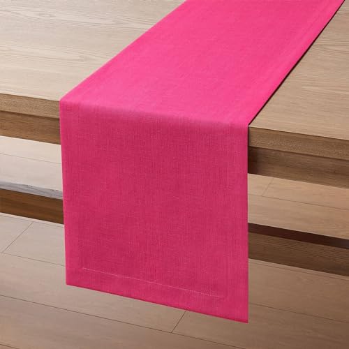 Image of ZeeMart Linen Textured Border Table Runner, 14 x 90 Inch Hot Pink | Mitered Corner Design, Medium Weight Fabric, Modern Farmhouse Style, Machine Washable Easy Care Everyday Table Scarf