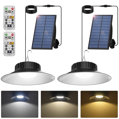 T-SUN Solar Pendant Light Outdoor, 2 Pack Solar Shed Lights Indoor with Remote Control, IP65 Waterproof Shop Light, 3000K/4000K/6000K, Perfect for Barn Chicken Coop Garage Courtyard Balcony
