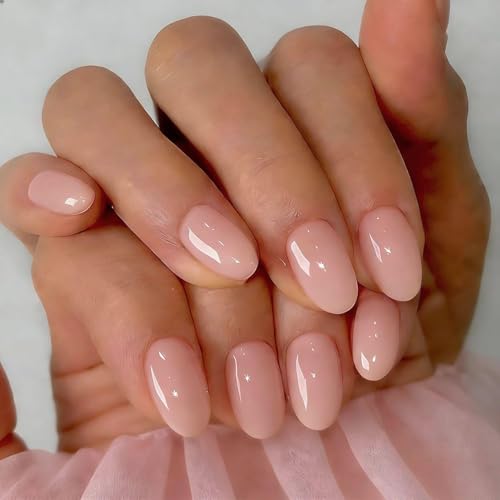 SXVME Soft Gel Press On Nails Short 32 Pcs 16 Sizes Sheer Nude Pink Short False Nails Press ons Oval Reusable Artificial Nails Natural Almond Stick On Nail for Women Everyday Elegance