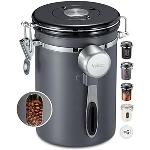 Veken Coffee Canister with Window, Airtight Stainless Steel Kitchen Food Storage Container with Date Tracker and Scoop for Grounds Coffee, Beans, Tea, Flour, Cereal, Sugar, 22OZ,Grey