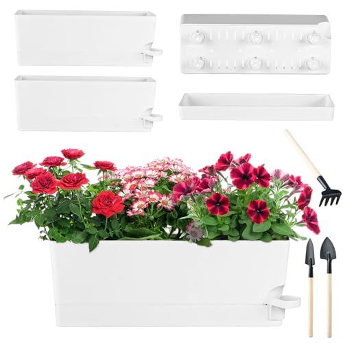 Paquete de 4 macetas de riego automático para plantas de interior de 17 pulgadas, macetas rectangulares rectangulares con agujeros de drenaje y platillos para alféizar de la ventana, color blanco