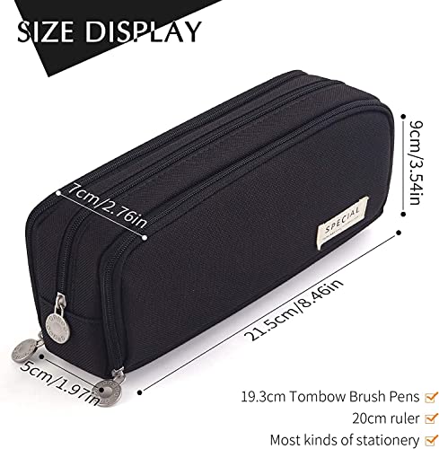 Image of Canvas Large Capacity Pencil Box for Girls & Boys, 3 Compartments Pen & Pencil Pouches, Aesthetic Stationery Pouch for School Kids College Students, Cute Stationary Gift for Children (Black)