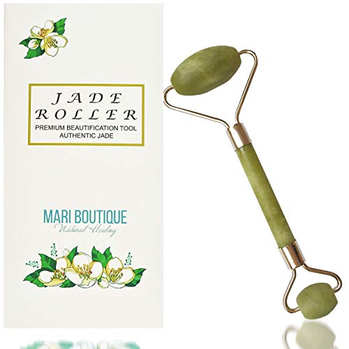 Jade Roller Massager for Face by Arimari - Depuffing 100% Natural Real Jade Roller Facial Massager Therapy - Face Eye Neck Beauty Tool - Double Sided Healing Slimming Rollers With Bag