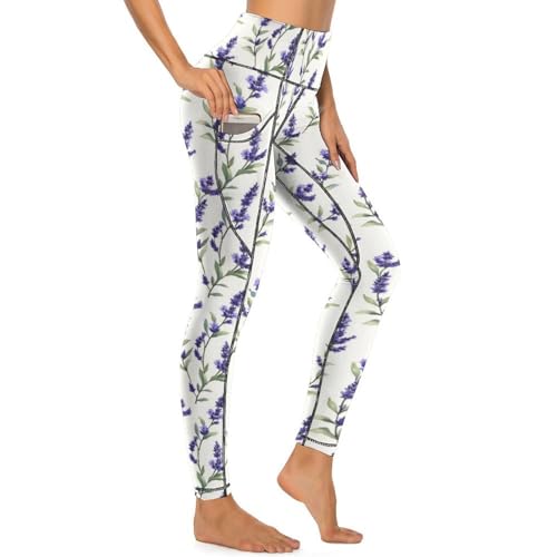 Pantalon de yoga avec poches violet lavande vif et sa large ceinture gainante taille haute