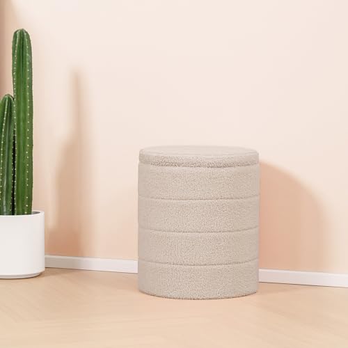 Miniatura 2 de Bonlife Baúl Plegable, Puff Almacenaje, Taburete Reposapiés, Banco Almacenaje, Para Sala De Estar, Dormitorio, Entrada, Beige, Forma Circular, 37x37x45 Cm