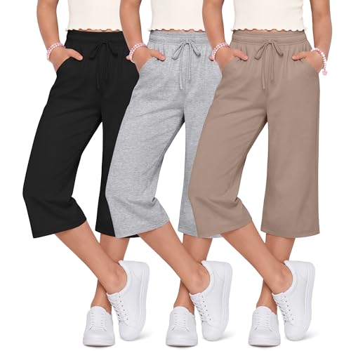Langyiwee 3 Pack Girls Capris Summer Capri Pants 5-16 Years Wide Leg Elastic Waist Cropped Pants Loose Sweatpants with Pocket(7-8 Years Khaki Light Gray Black)