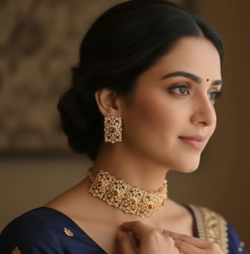Image of Touchstone Mughal Jali Collection Gold Tone Indian Mughal Bollywood White Diamante Jewelry Choker Set for Women