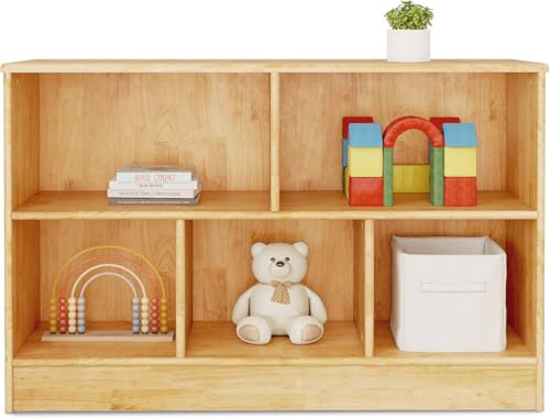 wingyz Montessori Bookshelf Rubber Soild Wood, 5-Section Wooden Storage Cabinet,