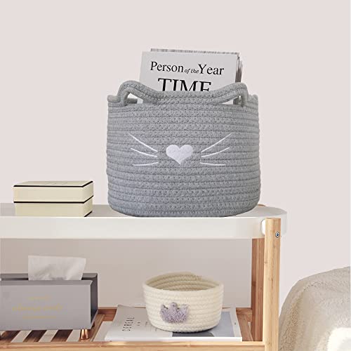 Small Woven Basket,Rope Storage Basket With Handle,Cute Cotton Basket For Nursery,Cat Dog Toy Storage Organizer Basket,Storage Bins For Toy Organizer,Grey,10×10×7 Inch #TOP3