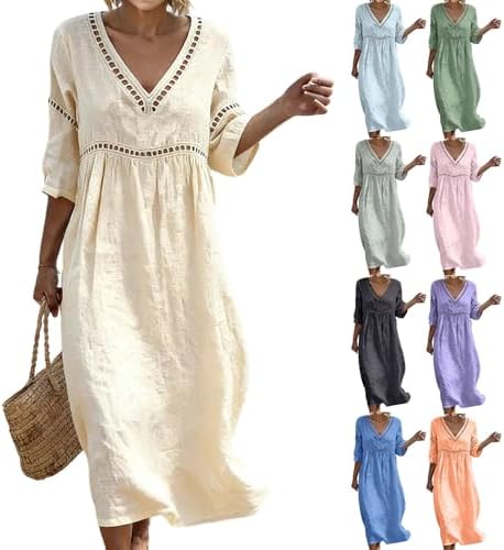 Women's Cotton Linen Dress 3/4 Sleeve V Neck Summer Casual Loose ...