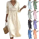 Ladies Summer Dresses Bohemian 3/4 Sleeve Cotton Dresses Summer Casual Loose Fit Boho Dress Breathable Comfortable Friendly Elegant Style Sundress Holiday Beach Travel Everyday Wear Beige