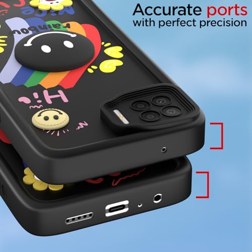 Image of Pikkme Back Cover for Oppo F17 | Soft Silicone| Cute Rainbow Smile & 3D Cartoon Flower Design | Shockproof Raised Camera Protection Bumper Case (Black)