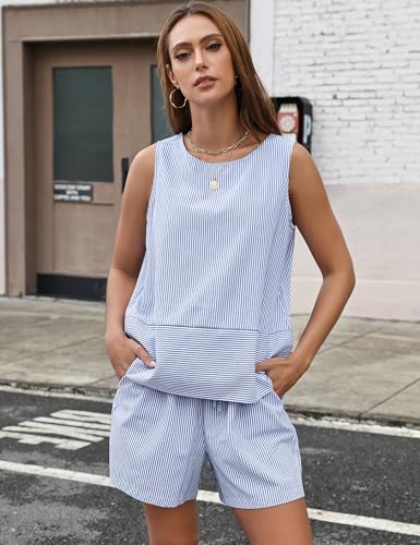 LOMON Two Piece Sets for Women Spring Crew Neck Lounge Short Sets Cap Sleeve Drawstring Sweatsuit with Pockets