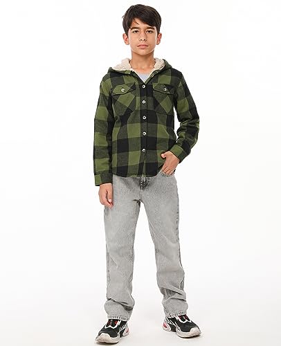 Image of ZENTHACE Boys Sherpa Fleece Lined Flannel Plaid Button Down Shirt Jacket,Hooded Flannel Shirt with Hand Pockets