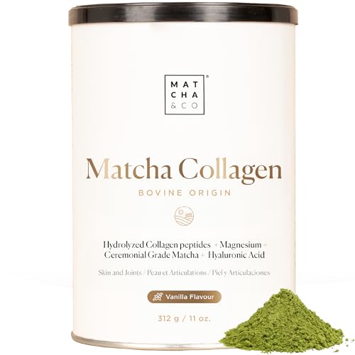 Collagen with Magnesium, Matcha Tea and Hyaluronic Acid. Joints, Skin and Nails. 300 g Matcha Collagen Powder. Gluten Free, no Added sugars and GMO Free. Keep Your Body Healthy and Strong. (Vanilla)