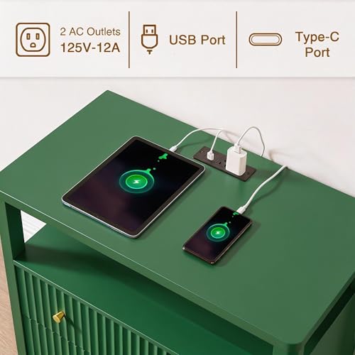 Image of Fluted Nightstand with Charging Station Set of 2, 27.3 inch Tall Modern Bedside Table with 2 Drawers & Open Shelf, Large Wide Wood End Table with Storage & Metal Handle for Bedroom, Green