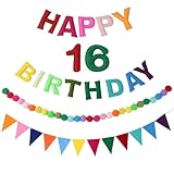 indiedouker Pre-strung Reusable Felt Happy Birthday Banner with Replaceable Numbers 0-9,Pastel Happy Birthday Decorations Sign for Photo Prop, Handmade Multicolor Felt Ball & Triangle Flags Garland (Rainbow)