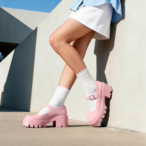 Image of AOSPHIRAYLIAN Mary Janes Platform Mary Janes for Women Round Toe Dress Shoes for Women Ankle Strap Chunky Heel Uniform Women's Pumps