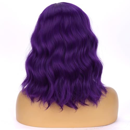 Image of BERON Purple Short Wig Women Girls Curly Wavy False Hair Wigs Body Costume Cosplay Daily Party Heat Resistant Synthetic Wigs