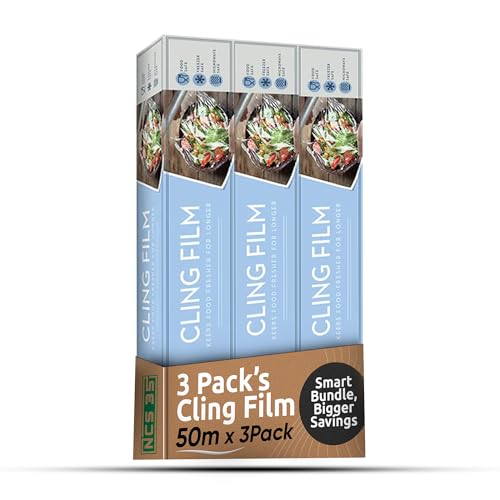 NCS35® Película adhesiva de 3 rollos de 50 m y 300 mm de ancho para alimentos, fuerte, sin BPA, apto para microondas, catering y cocina, fácil de usar, apto para todo tipo de cocina, apto para
