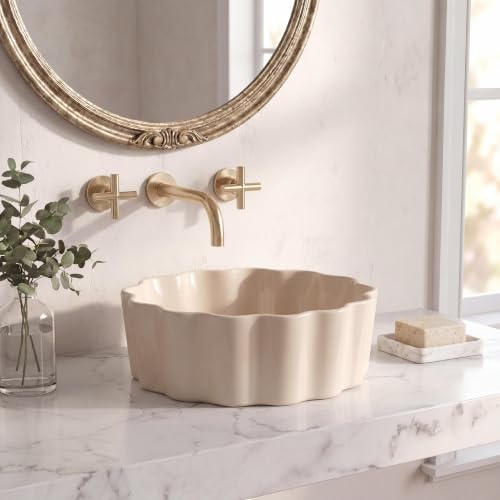 JONATHAN Y Atelier 15 in. Round Ceramic Vessel Sink with Scalloped Fluted Design, Matte Beige Above Counter Contemporary Bathroom Vanity Basin SNK1005G
