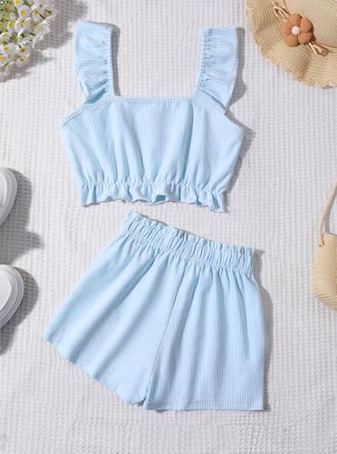 Image of Girl's Summer Clothing Sets Knit Ruffle Striped T-Shirt and Shorts 2 Piece Outfits