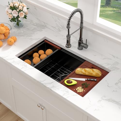Sarlai 33 Matte Black Undermount Kitchen Sink Workstation - 33x19 Inch Kitchen Sinks with Ledge NANO-Tech Round Corner 16 Gauge Stainless Steel Single Bowl Sink Basin by Sarlai - Used condition - Image 9