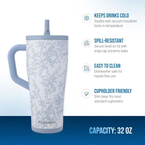 Image of Ice Shaker 32 oz Tumbler with Handle and Straw | 32oz Bleu Toile | Cold for 30+ Hours | 2-in-1 Tumbler Shaker Bottle | Odor-Free 32 ounce Bottle for Water, Protein Shakes, Smoothies, Cocktails