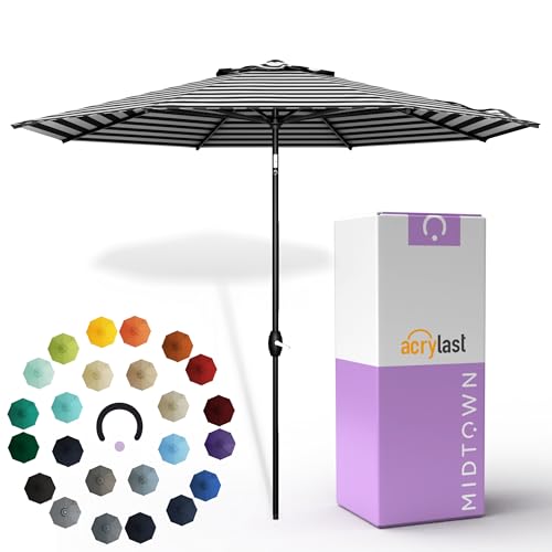 Image of Midtown Umbrellas - The Lean 9 Ft Patio Umbrella with 10-Year-No-Fade Acrylast Acrylic Fabric, Auto-Tilt and 8 Reinforced Ribs for Deck, Pool, Garden, Hotel & Cafes - Urban Stripes Canopy, Black Pole