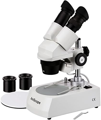 AmScope SE306-PZ Binocular Stereo Microscope, WF10x and WF20x Eyepieces, 20X/40X/80X Magnification, 2X and 4X Objectives, Upper and Lower Halogen Lighting, Reversible Black/White Stage Plate, Pillar Stand, 120V