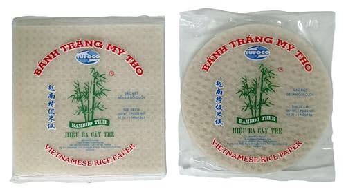Bamboo Tree Vietnamese Rice Paper Selection - 22cm Round & Square, 340g Each (2 Packets) | Great for Spring Rolls