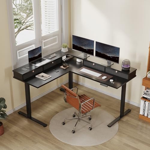 Image of FLEXISPOT 63 inch L Shaped Standing Desk Electric Corner Table with Monitor Shelf, 4 Storage Drawers, Adjustable Computer Workstation for Home, Office, Game, Studio, Black Top + Black Frame