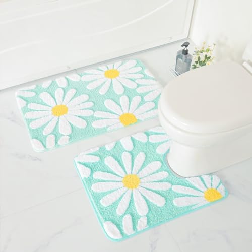 QJHOMO Bathroom Rugs Set 2 Piece, Cute Daisy Bath Mat Green Toilet Rug U Shaped, Flower Deocr Bathroom Set Non Slip Contour Bathmat, Super Absorbent Microfber Floor Mats Machine Washable Carpets by QJHOMO - Used condition - Image 6